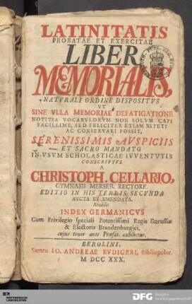 Latinitatis Probatae Et Exercitae Liber Memorialis : Accedit Index Germanicvs