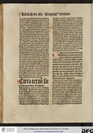 Iste est tertius tractatus huius tertii libri in quo philosophus determinat de potentia motiva. Et dividitur in tria capitula. In primo inquirit philosophus disputative quod sit principium motus progressivi in animalibus...