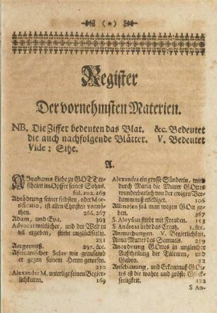Register Der vornehmsten Materien.
