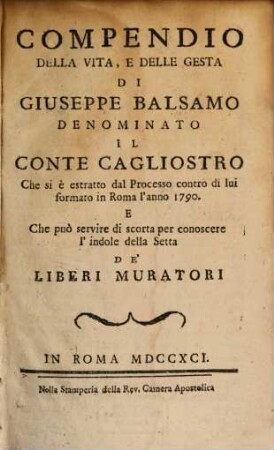 Compendio della Vita ... di Giuseppe ... Cagliostro