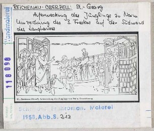 Reichenau-Oberzell, St. Georg: Langhausnordwand, Umzeichnung, Auferweckung des Jünglings von Naim