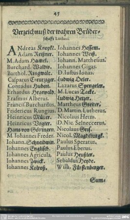 Verzeichnuß der wahren Brüderschafft Lutheri