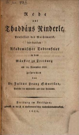 Rede auf Thaddäus Rinderle, Professor der Mathematik bei dessen Todtenfeier