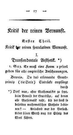 Erster Theil. Kritik der reinen speculativen Vernunft.