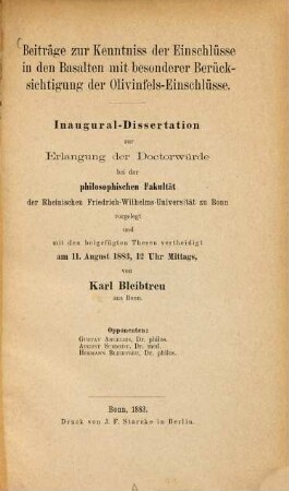 Beiträge zur Kenntniss der Einschlüsse in den Basalten mit besonderer Berücksichtigung der Olivinfels-Einschlüsse
