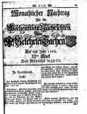 Monathlicher Nachtrag [...] Auf das Jahr 1766 IIItes Stuck Des Monaths Martii