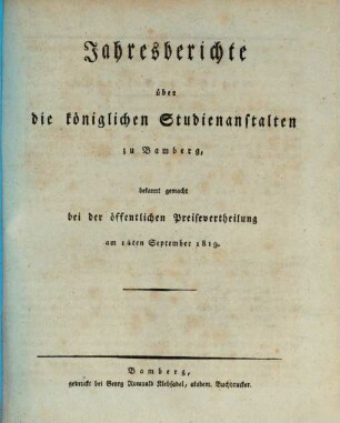 Jahres-Bericht über die Königlichen Studienanstalten zu Bamberg, 1818/19
