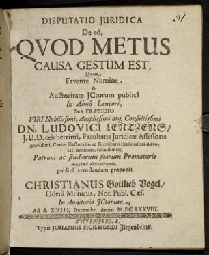 Disputatio Iuridica De eo, Quod Metus Causa Gestum Est
