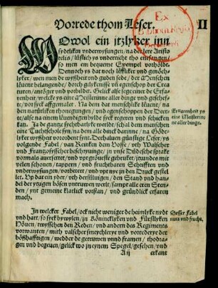 De Warheyt my gantz fremde ys/|| De Truwe gar seltzẽ/ dat ys gewiß.|| Reynke Voß de || olde/ nyge gedrucket/|| mit sidlikem vorstan=||de vnd schonen figu=||ren/ erluchtet vn=||de vorbetert.||