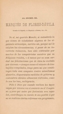 Al Excmo. Sr. Marqués de Flores-Dávila