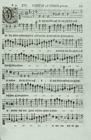 Schütz, Heinrich: Symphoniae sacrae, Teil II op. 10 : Schütz, Heinrich: Symphoniae sacrae, Teil II op. 10. Dritte Notenseite des Stimmbuches Prima vox. Dresden: Gimel Bergen Erben, 1647. Notendruck mit Initiale "E"; 26,8 x 18,7 cm. Dresden: SLUB Mus.1479-E-2