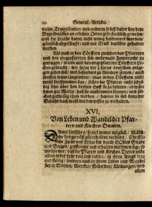 XVI. Von Leben und Wandel der Prarrern und Kirchen-Dienern.
