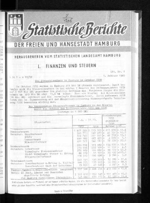 Die Steuereinnahmen in Hamburg im Oktober 1959 : Lfd. Nr. 1