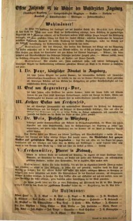 Offene Ansprache an die Wähler des Wahlbezirkes Augsburg