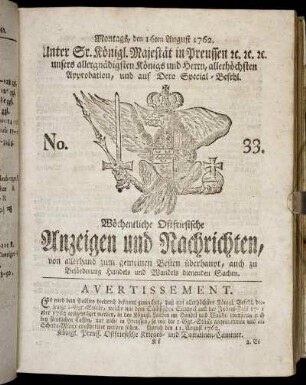 No. 33. Montags, den 16ten August 1762.