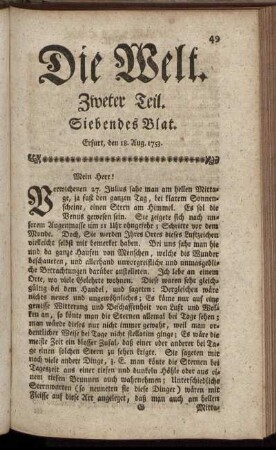 Siebendes Blat. Erfurt, den 18. Aug. 1753.