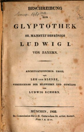 Beschreibung der Glyptothek Sr. Majestät des Königs Ludwig I. von Bayern