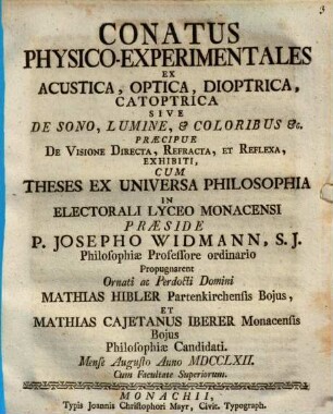 Conatus physico-experimentales ex acustica, optica, dioptrica, catoptrica, s. de sono ...