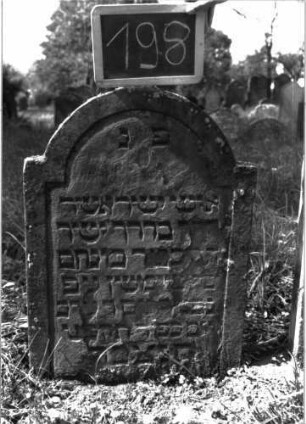 Grabstein 198 (Index: 100103336) Material: Sandstein Zustand: stark verwittert, abgeblättert, teilweiser Textverlust Maße HxBxT: 77x55x6 cm Beschreibung: Stele, eingezogener Rundbogenabschluss, Schriftfeld eingetieft: Grabstein 198