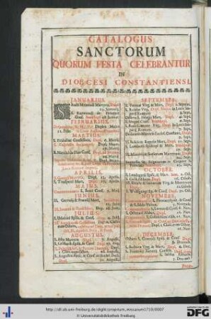 Catalogus Sanctorum Quorum Festa Celebrantur In Dioecesi Constantiensi.