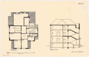 Umbau eines Landhauses Monatskonkurrenz Februar 1933: Grundriss Dachgeschoss, Querschnitt 1:100; Maßstabsleiste