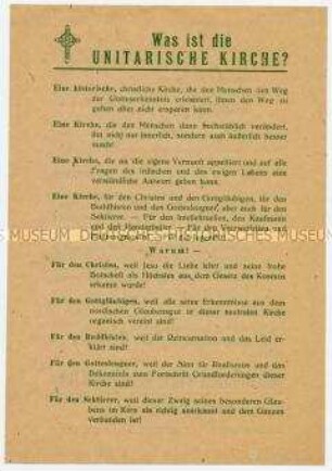 Flugblatt zu den Zielen und Inhalten der "Unitarischen Kirche"