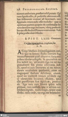 Epist. LXIII. Genevam. Carolus Sigonius Henr. Stephano suo S.D. : [Patavio, Kal. Quintil. M.D.LXIII]