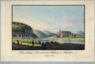 Tetschen an der Elbe in Böhmen (heute Děčín in Tschechien), Blick über die Elbe auf das Schloss (im 10. Jahrhundert Burg aus Holz, im 16. Jahrhundert Umbau zum Renaissanceschloss), links der Felsen "Schäferwand"