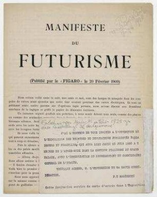Manifeste du Futurisme (Publié par le Figaro le 20 Février 1909). Mailand. Anbei Postkarte von Filippo Marinetti