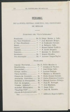 Personal de la Junta Central Directiva del Centenario de Melgar.