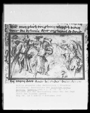 Biblia pauperum / Weltchronik — Miniatur mit der Erschießung Kains bei der Jagd durch den blinden Lamech