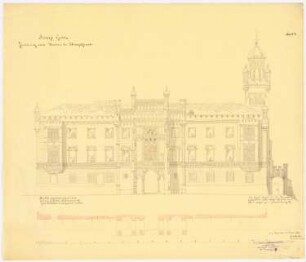 Schloss Graetz bei Troppau Umbau: Aufriss Hauptansicht mit Einzeichnung der Änderungen, Grundriss der Fassade, Maßstabsleiste, Nachzeichnung von Inv.Nr. 11058