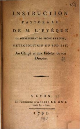Instruction pastorale de M. l'évêque du département de Rhône et Loire