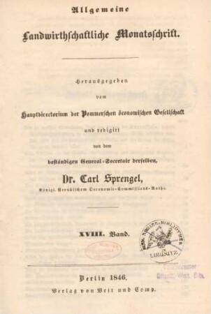 18.1846: Allgemeine Landwirthschaftliche Monatsschrift