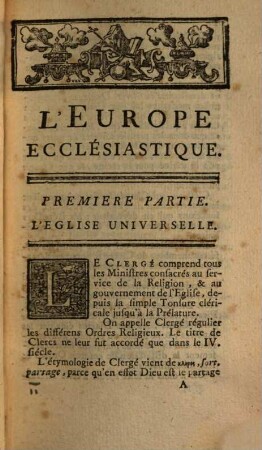 L' Europe ecclesiastique ou l'État du clergé de l'église universelle