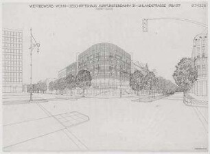 Wettbewerb Wohn- und Geschäftshaus, BMW-Haus, 1. und 2. Stufe (nicht realisiert) – Perspektivansicht. Berlin-Charlottenburg, Kurfürstendamm 31, Uhlandstraße 177/178