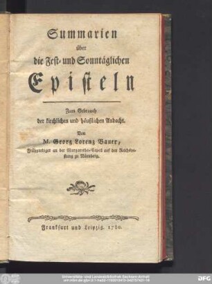 Summarien über die Fest- und Sonntäglichen Episteln : Zum Gebrauch der kirchlichen und häußlichen Andacht