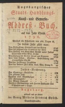 1796: Augsburgisches Staats-Handlungs- Kunst- und Gewerbe Addreß-Buch
