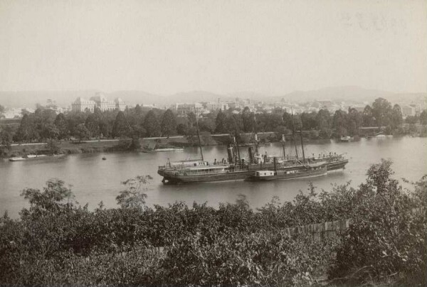 "Aussicht von Brisbane auf Fluß mit Dampfschiff"