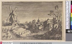 [Dörfliche Szene mit einer großen Windmühle links auf einem Hügel; Village Scene with a large Windmill on a Hill on the Left]