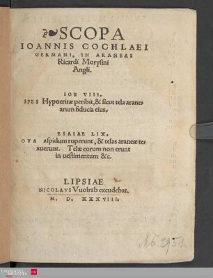 Scopa Ioannis Cochlaei Germani, in Araneas Ricardi Morysini Angli