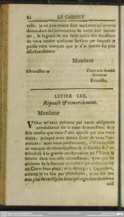 Lettre LXX. Response & remerciement