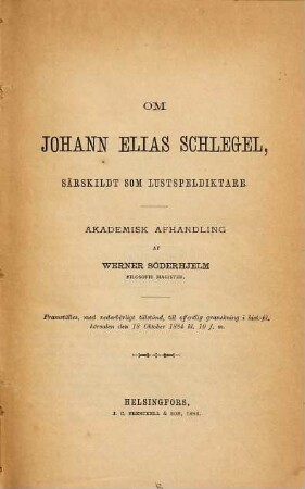 Om Johann Elias Schlegel särskildt som lustspeldiktare