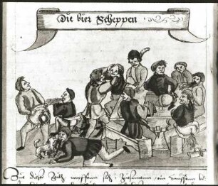 Die Bierscheppen. Aus: Chronica der Preußen. Buchmalerei. Ausschnitt. Berlin, 1553. Berlin, Staatsbibliothek Ms.Boruss.fol.176.f