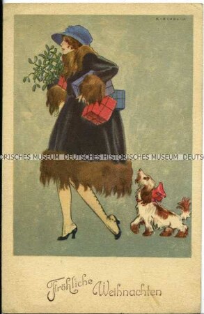 Weihnachtspostkarte mit eleganter Frau