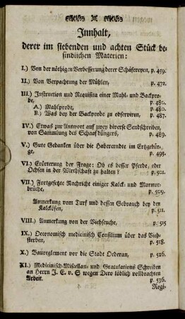 Innhalt, derer im siebenden und achten Stück befindlichen Materien:[...]