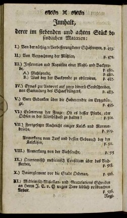 Innhalt, derer im siebenden und achten Stück befindlichen Materien:[...]