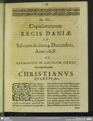 No. VII. Copia litterarum Regis Daniae Ad Salvum de dato 4. Decembris, Anni 1638