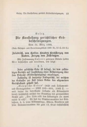 Gesetz. Die Ausstellung gerichtlicher Erbbescheinigungen. Vom 24. März 1888