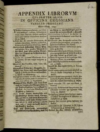 1734,1: Appendix librorum qui praeter alios in Officina Libraria Grossiana venales prostant